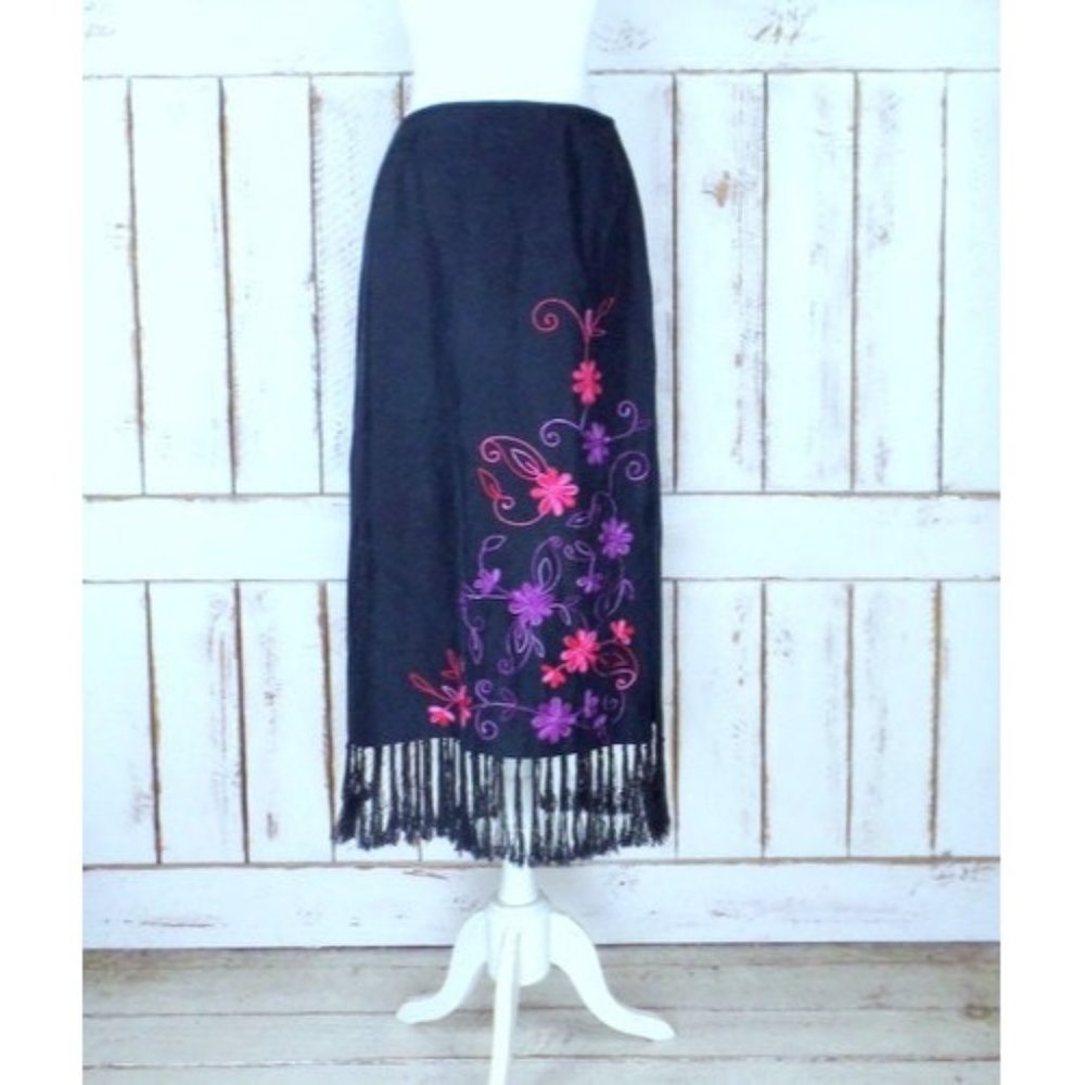 Black silk embroidered floral tassel fringe maxi skirt - Picture 1 of 5